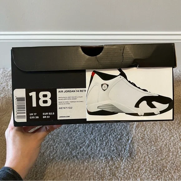 Size 18 - Jordan 14 Retro Black Toe 2014 - 487471 102 White/Blck /Varsity Rd BOX